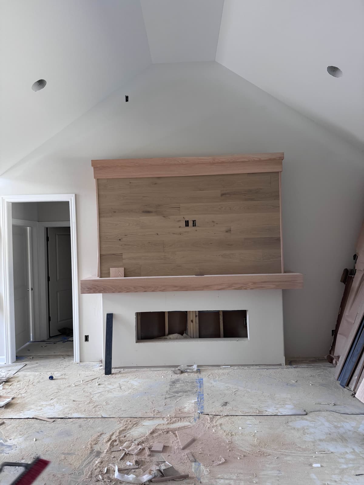 White oak fireplace wall